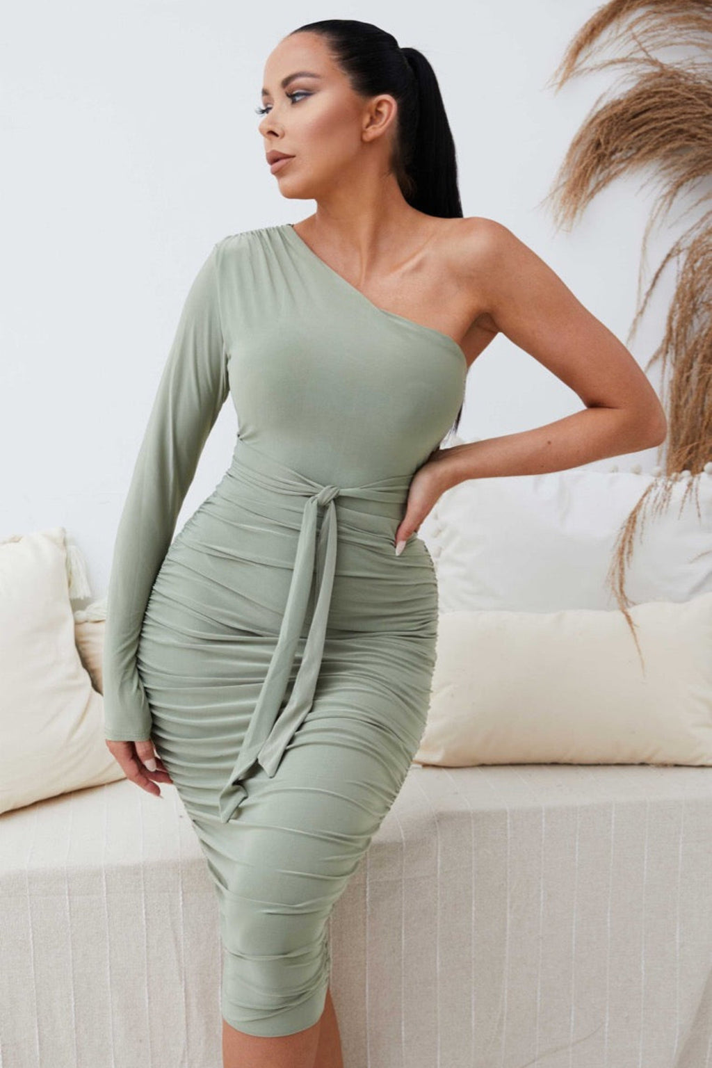 One Shoulder Ruched Slinky Midi Dress