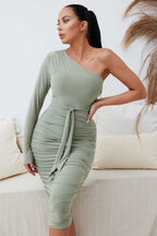 One Shoulder Ruched Slinky Midi Dress