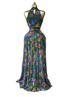 Women's O-Neck Sleeveless Stacked A-line Maxi Dress, Elegant Romantic Dress, Autumn Party Gown, Beach Evening Dress, Printed Long Dress for Birthdays, Jellyfish Camouflage Printed with Sashes Floor Length Dresses