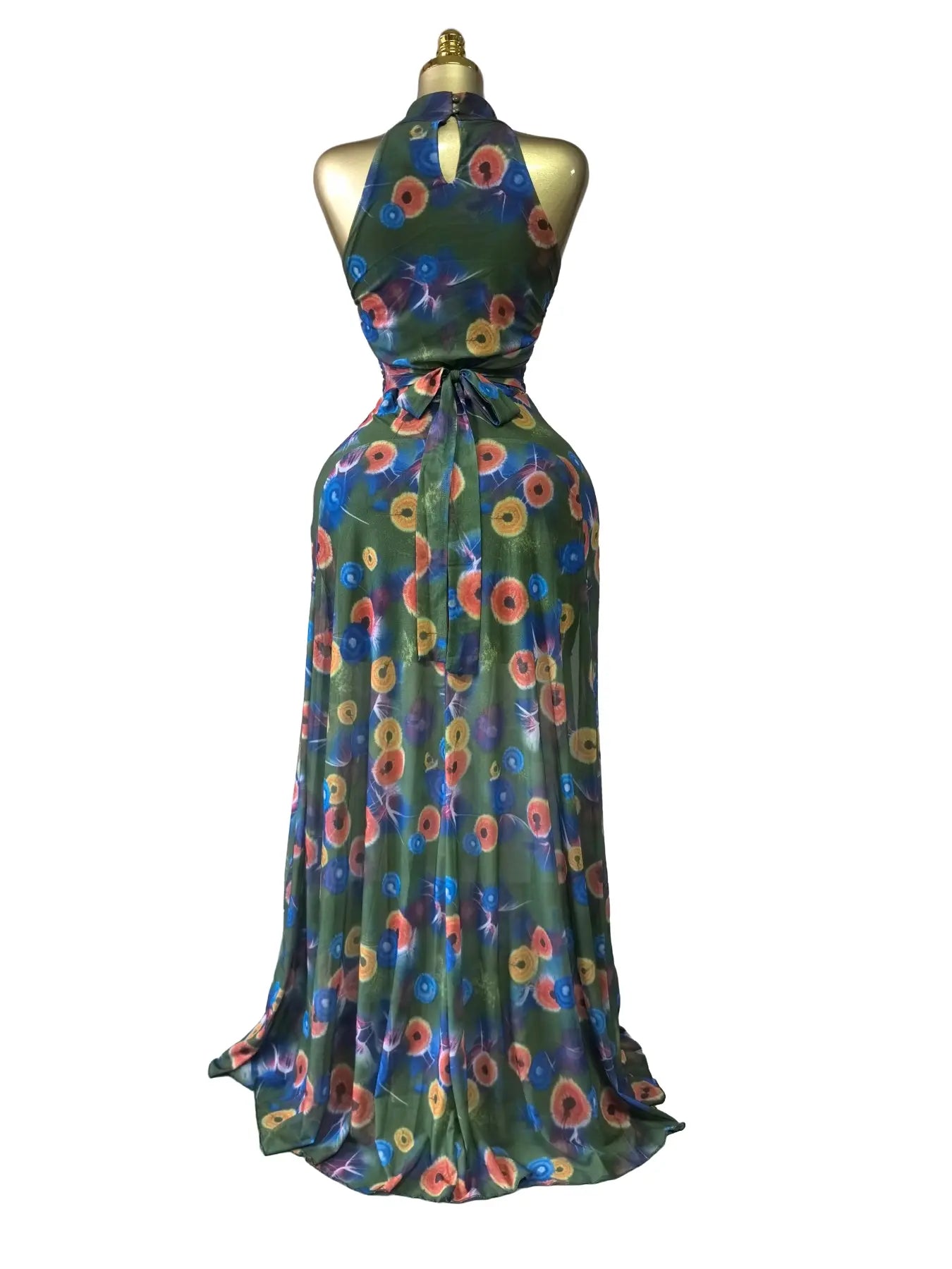 Women's O-Neck Sleeveless Stacked A-line Maxi Dress, Elegant Romantic Dress, Autumn Party Gown, Beach Evening Dress, Printed Long Dress for Birthdays, Jellyfish Camouflage Printed with Sashes Floor Length Dresses