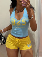 StreetHx Women 2-Piece Set:Yellow Vest Top,Blue Shorts.HypeZone-D Spaghetti Strap Camisole,Letter Print,Slim Fit For Gym,Summer,Y2k,Sports,Beach Outfits