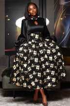 Satin Lantern Sleeve Cutout Floral Print A-Line Midi Dresses-Black [Pre Order]