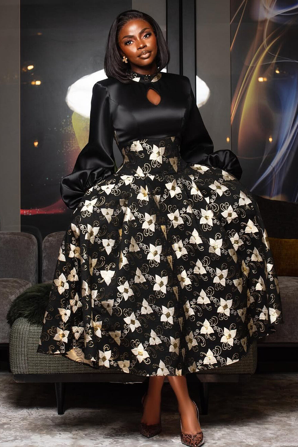 Satin Lantern Sleeve Cutout Floral Print A-Line Midi Dresses-Black [Pre Order]