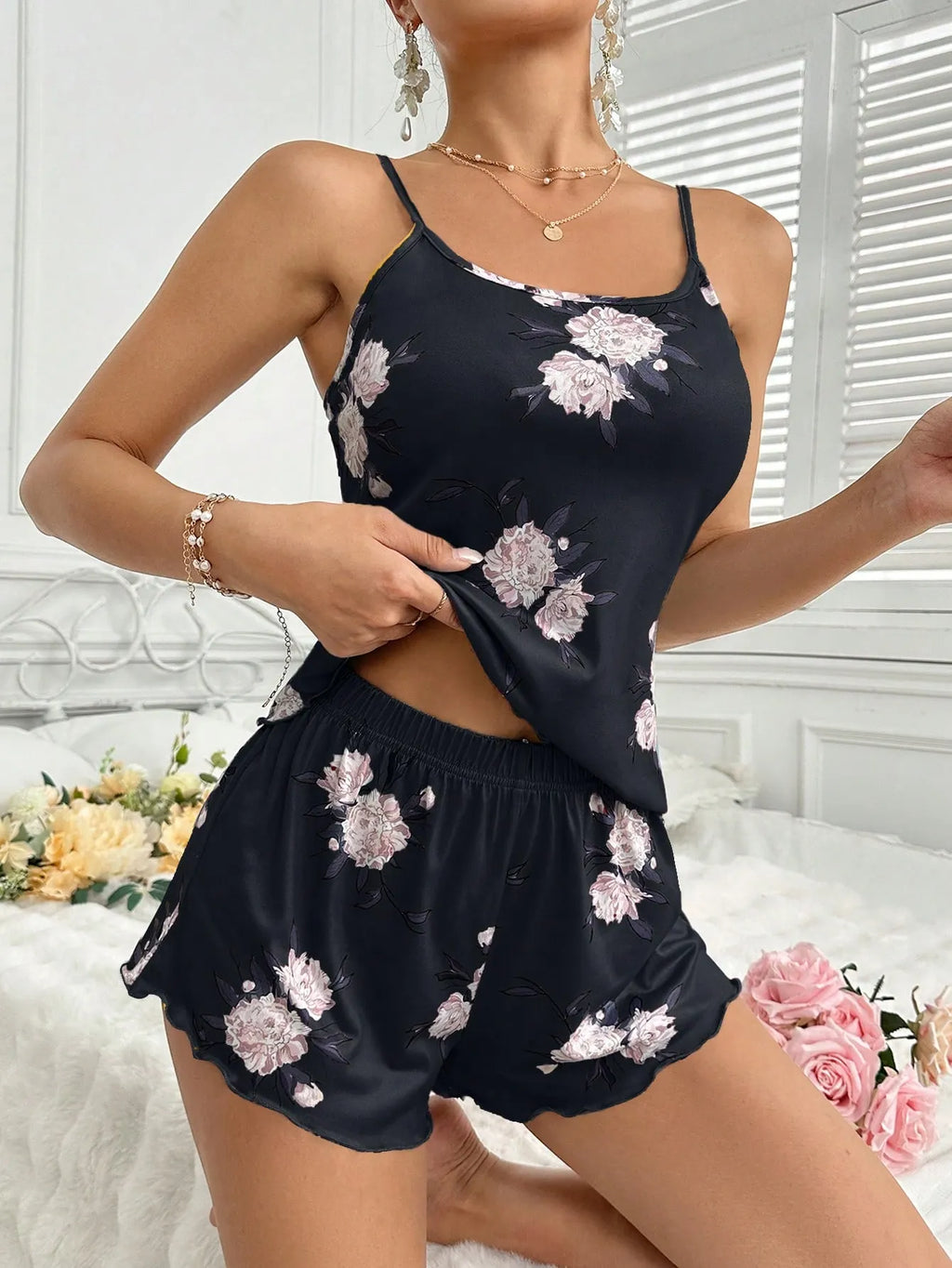 1set Women's Milk Silk Sleepwear Set, 140g Digital Printing