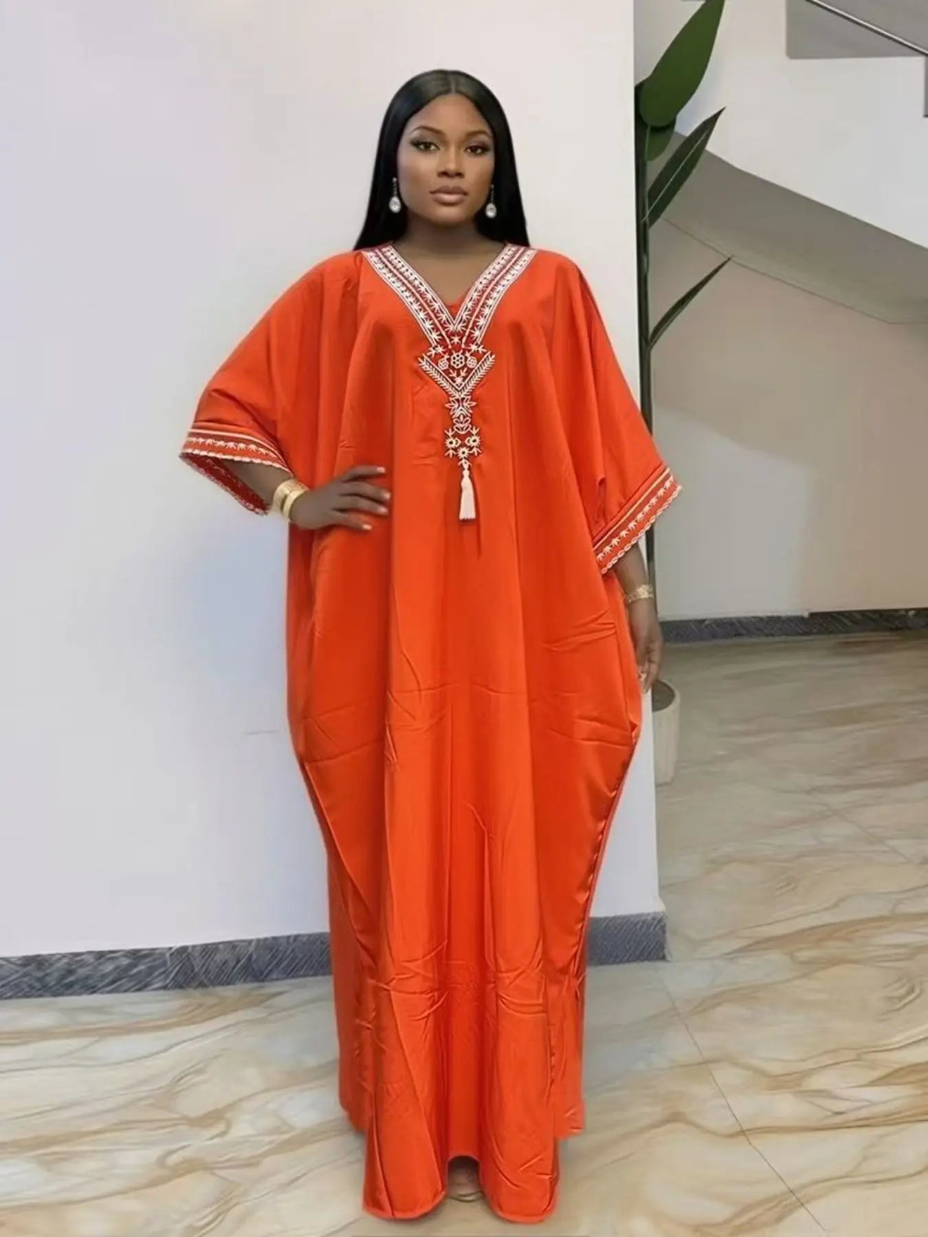 Women's Summer Solid Color Embroidered Fringe Caftan Casual Dress with Pockets and Side Slit