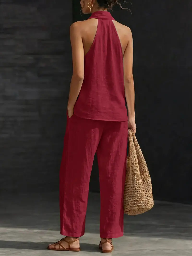 Comfy Chic Women's Summer Faux Linen Halter V-Neck Top & High Waist Wide Leg Pants Set - Breathable Everyday Urban Lounge Wear for Going Out