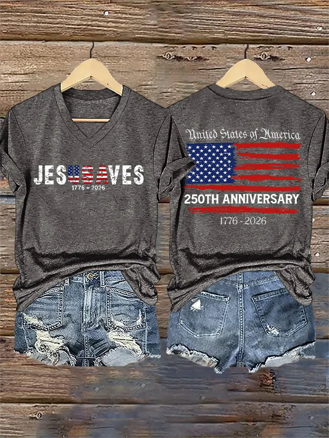 V-Neck Retro Jesus Saves America 250th Anniversary 1776-2026 Print T-Shirt