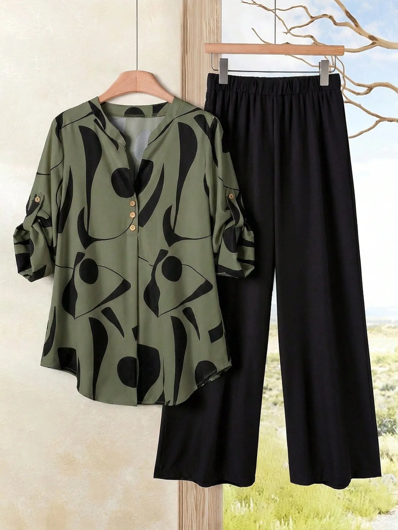 2pcs Women Contrast Color Print Shirt And Pants Set Old Money Style Business Casual Woman Blouse Sets For Ladies Two Piece
