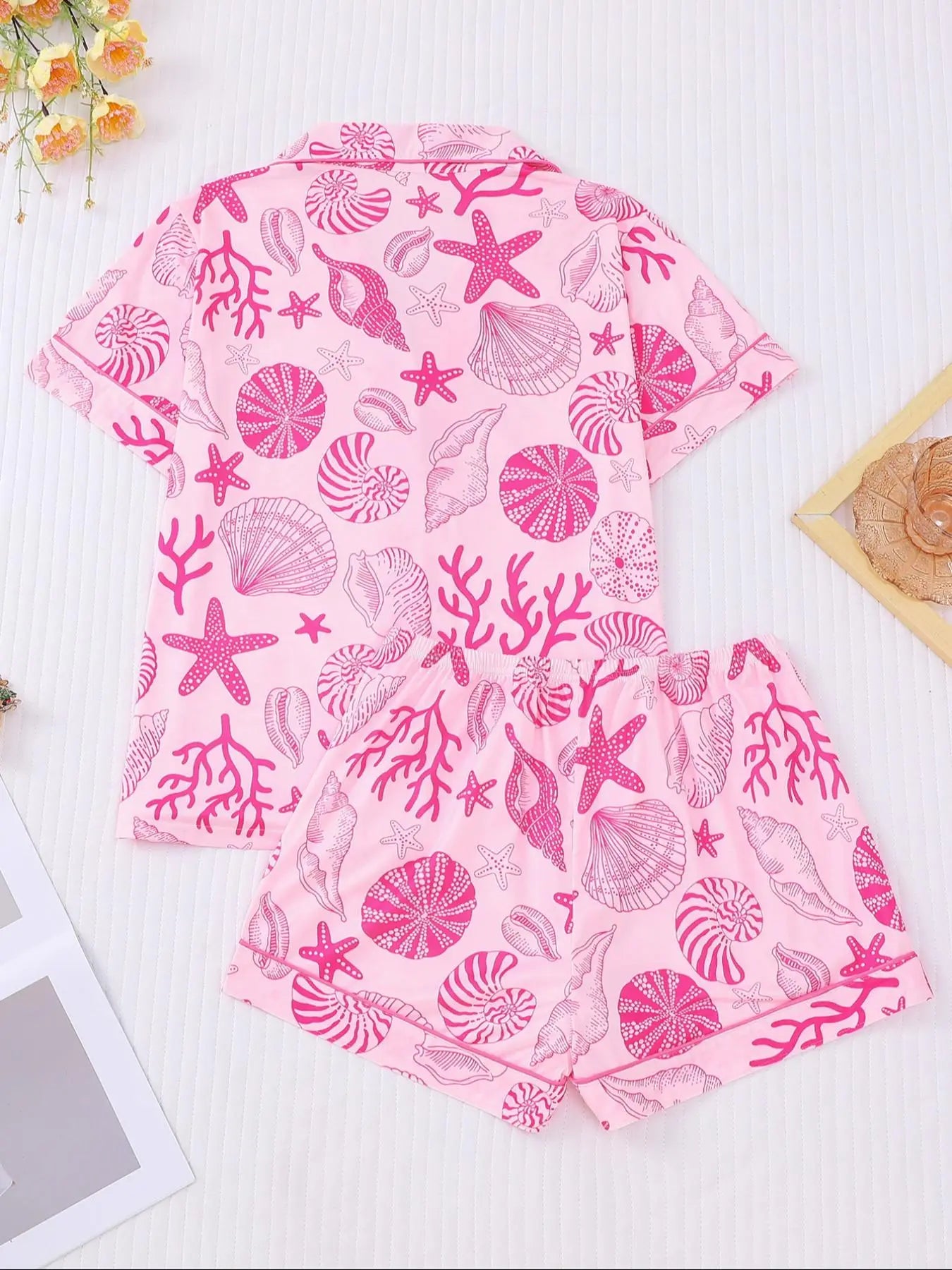 Women's All Over Shell Print Short Sleeve Pajama Two-piece Set