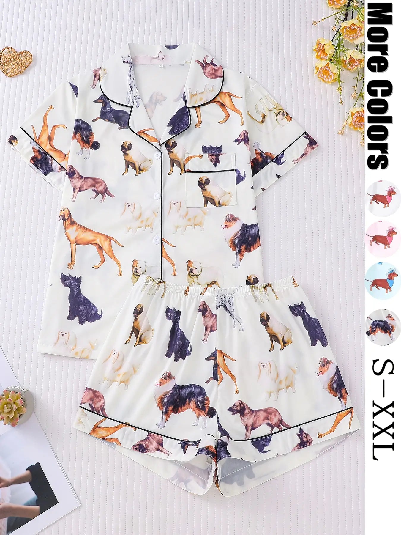 Women's All Over Dachshund Print Shirt & Elastic Waist Shorts Pyjama Two-piece Set