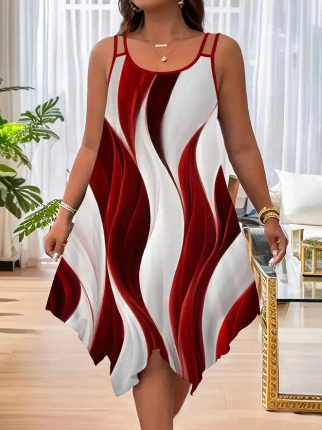 Women's Elegant Asymmetric Hem Double Strap Dress, Round Neck, Random Print Design, Summer Casual Party Wear, Fitted Style, Chic