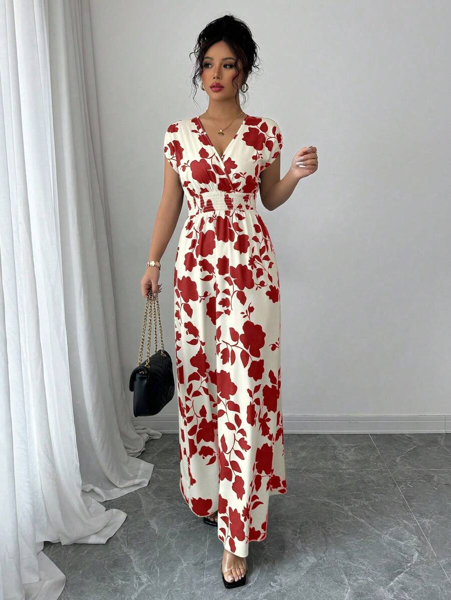 Elenzga Women V-Neck Allover Print Casual Long Dress
