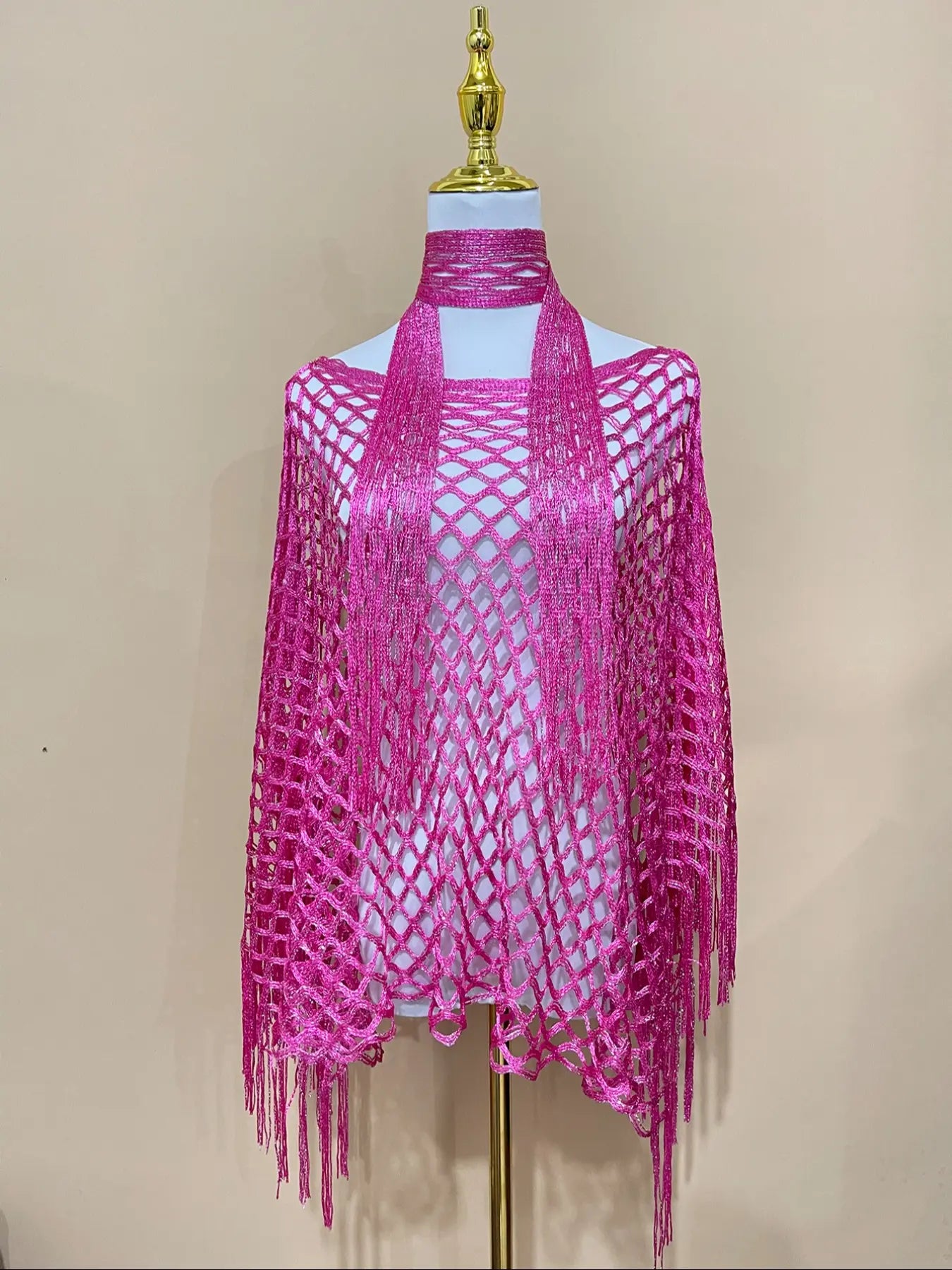 Women's Solid Color Fringe Trim Shawl & Chain Decor Poncho Set, Casual Fashionable Scarf & Cape Set for Daily Wear, Fashion Accessories for Women