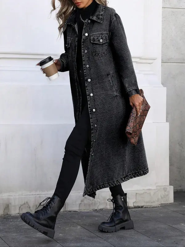 Women's Button Front Denim Coat, Elegant Casual Long Sleeve Denim Jacket for Spring & Fall, Women's Clothing for Daily Wear, Outerwear