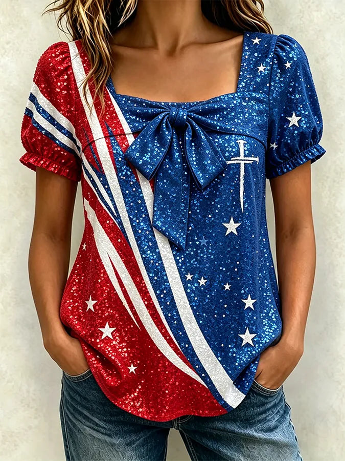 Women's Patriotic Commemorative Art Design Square Neck Retro Short Sleeve T-shirt
