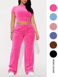 Two-piece Set Women's Solid Crop Tee & Drawstring Waist Pants Velvet Set, Casual Short Sleeve Round Neck T-shirt & Elastic Waist Trousers, Ladies Summer Clothes, Casual Matching Set