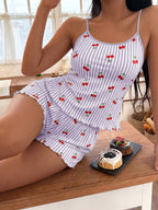 Softscene Women's Striped Cherry Print Camisole & Shorts Pajama Set