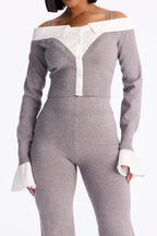 Katherine Sweater Off Shoulder Pant Set - Grey