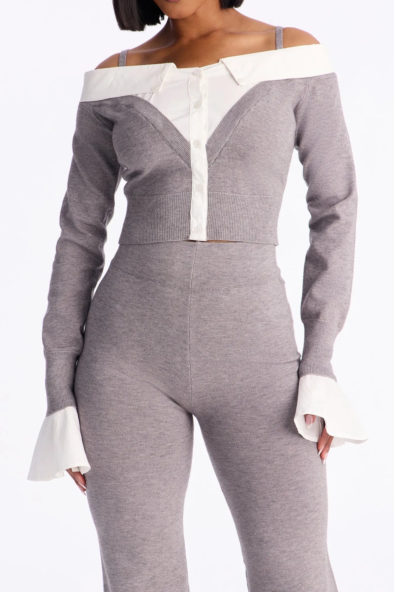 Katherine Sweater Off Shoulder Pant Set - Grey