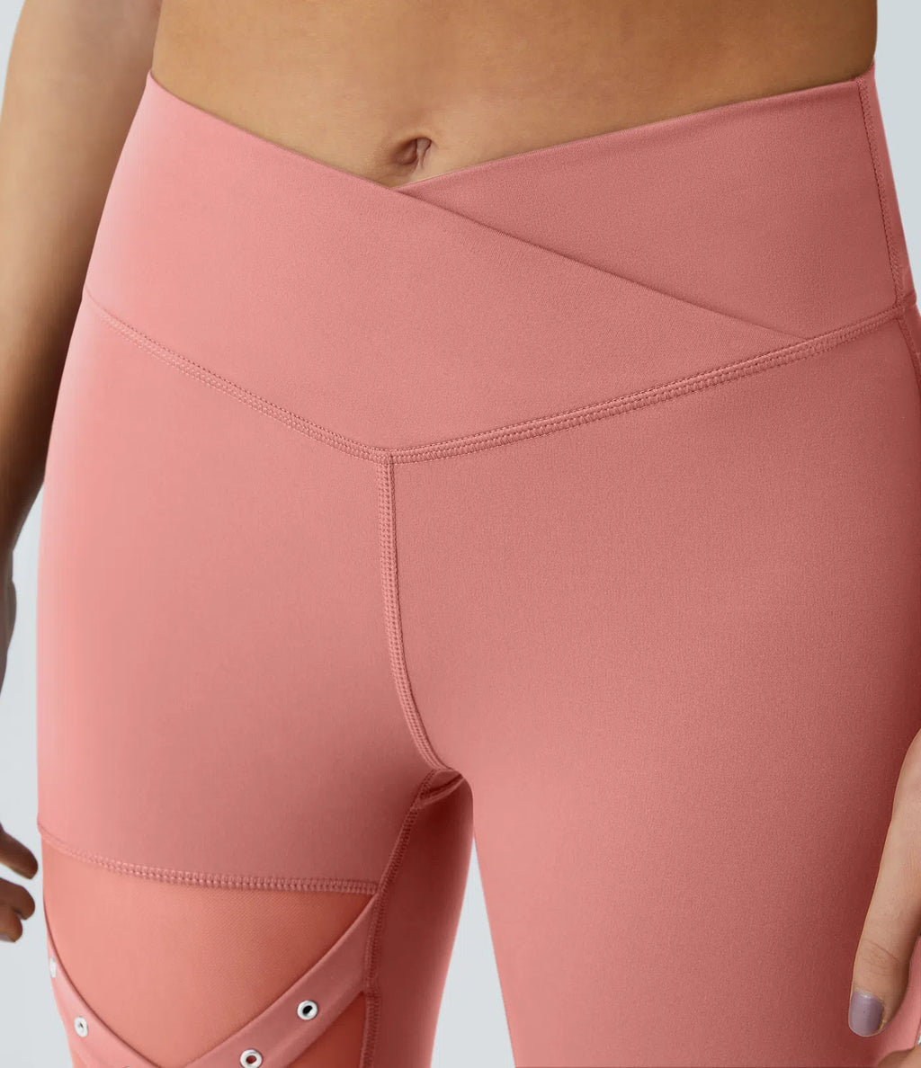 DayStretch High Waisted Crossover Contrast Mesh Decorative Buckle Yoga Leggings