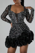 Hot Drilling Beads Decor Long Sleeve Ruffled Patchwork Mini Dresses-Pink