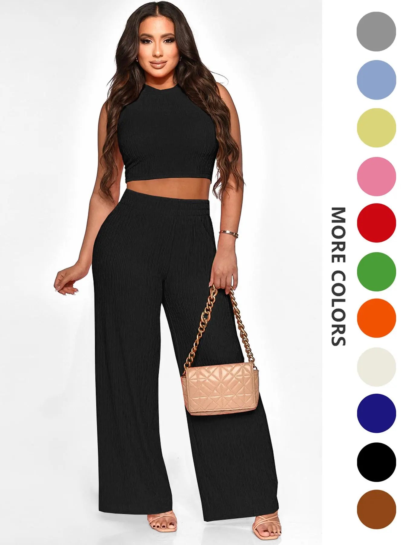 Two-Piece Set Women's Solid Textured Knit Fabric Co-ord Set Suits, Casual Round Neck Crop Tank Top & High Waist Wide Leg Pants Set, Ladies Summer Fit Clothes for Daily Wear, Womenswear