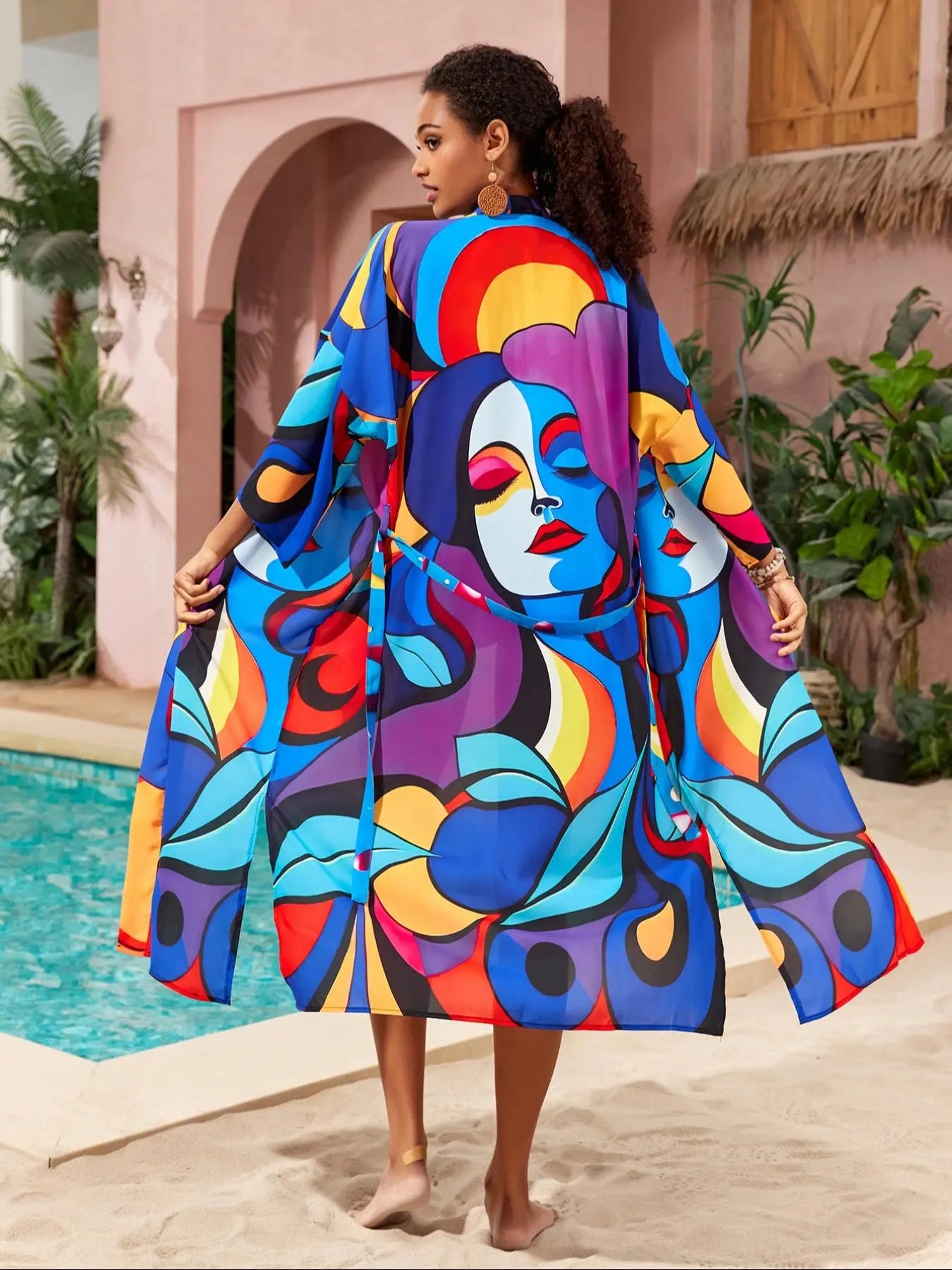 Plus Size Peacock & Floral Print Belted Wrap Kimono Cardigan, Casual Chic Style Split Hem Kimono Cardigan Sleeves, Women's Summer Swimwear for Beach Holiday Vacation