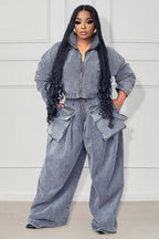 Denim Zip Long Sleeve Crop Jacket Pockets Wide Leg Pants Matching Set-Gray