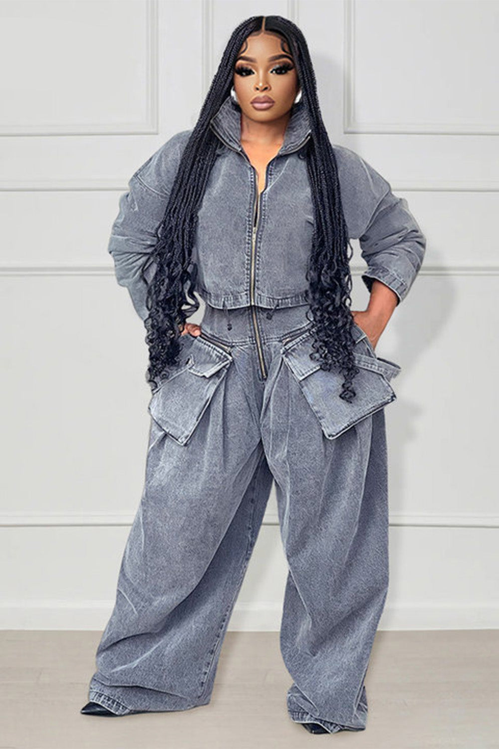 Denim Zip Long Sleeve Crop Jacket Pockets Wide Leg Pants Matching Set-Gray