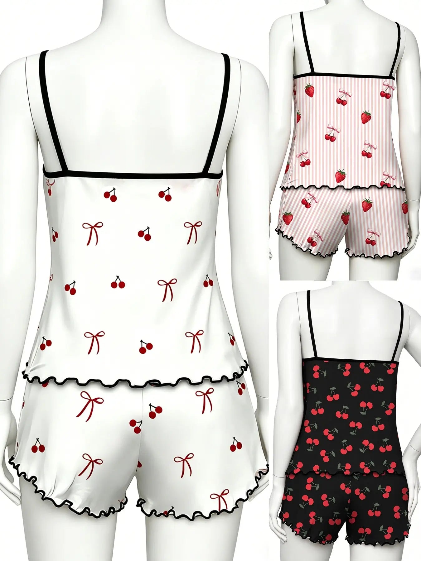 Cherry Print Halter Short Pajamas, Ruffle Trim Design, Sweet Girl Style, Breathable Home Sleepwear, 3-Piece Set