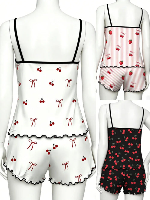 Cherry Print Halter Short Pajamas, Ruffle Trim Design, Sweet Girl Style, Breathable Home Sleepwear, 3-Piece Set