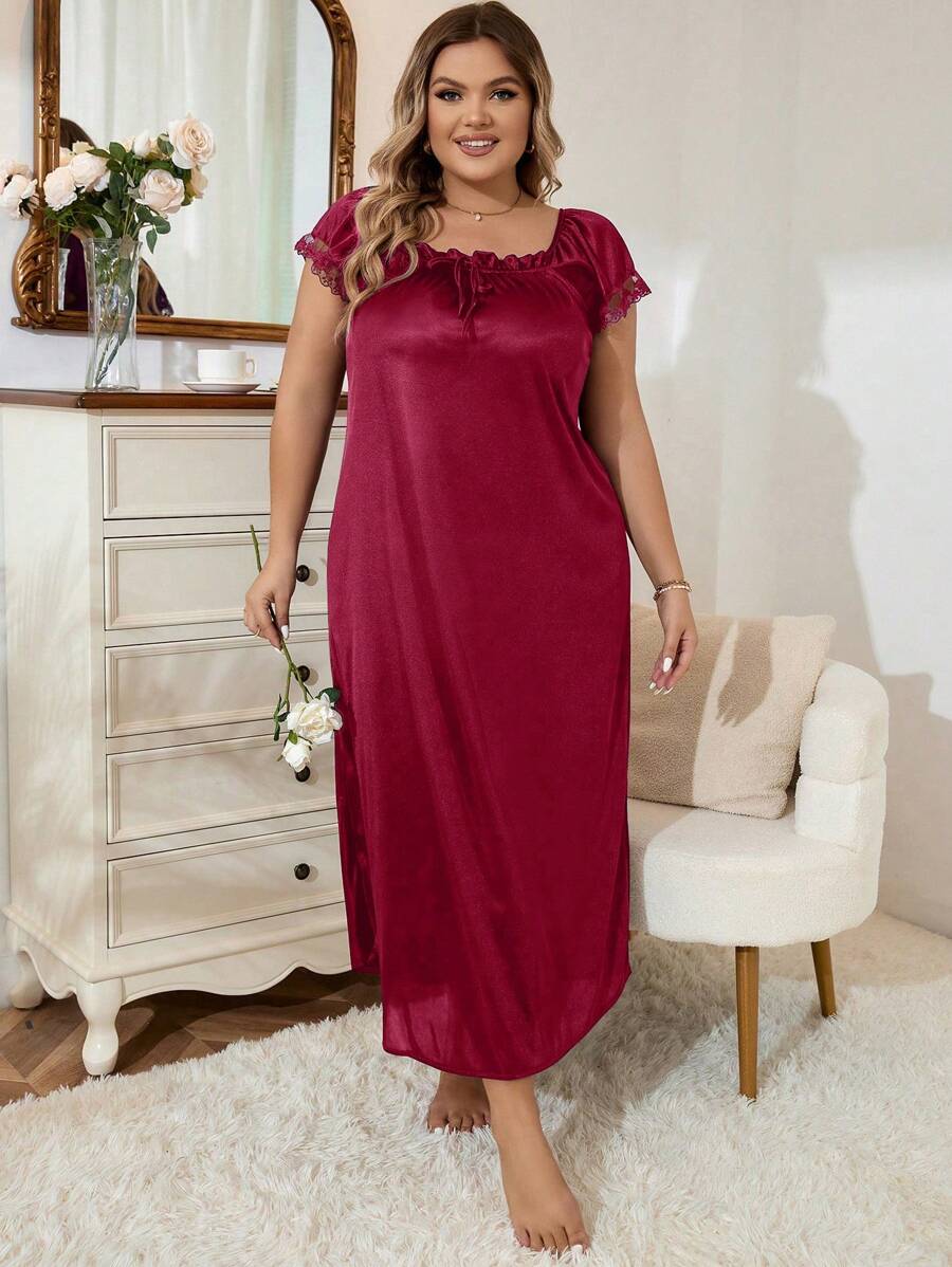 MuseNap CURVE Plus Size Women Pleated Square Collar Embroidered Satin Nightgown