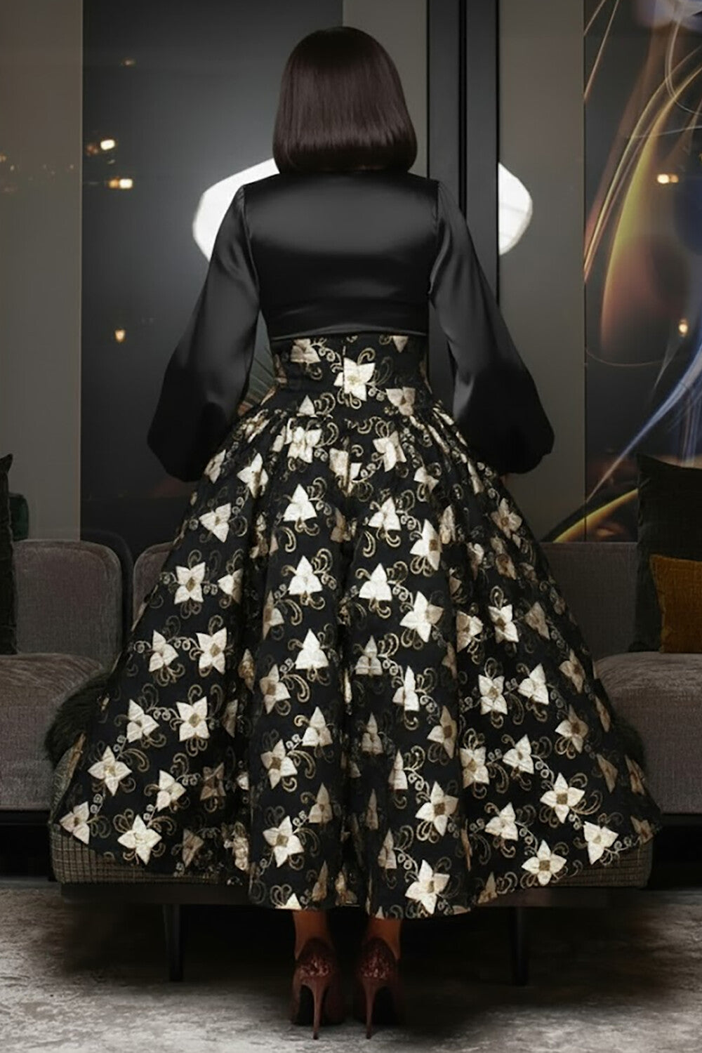 Satin Lantern Sleeve Cutout Floral Print A-Line Midi Dresses-Black [Pre Order]