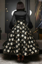 Satin Lantern Sleeve Cutout Floral Print A-Line Midi Dresses-Black [Pre Order]
