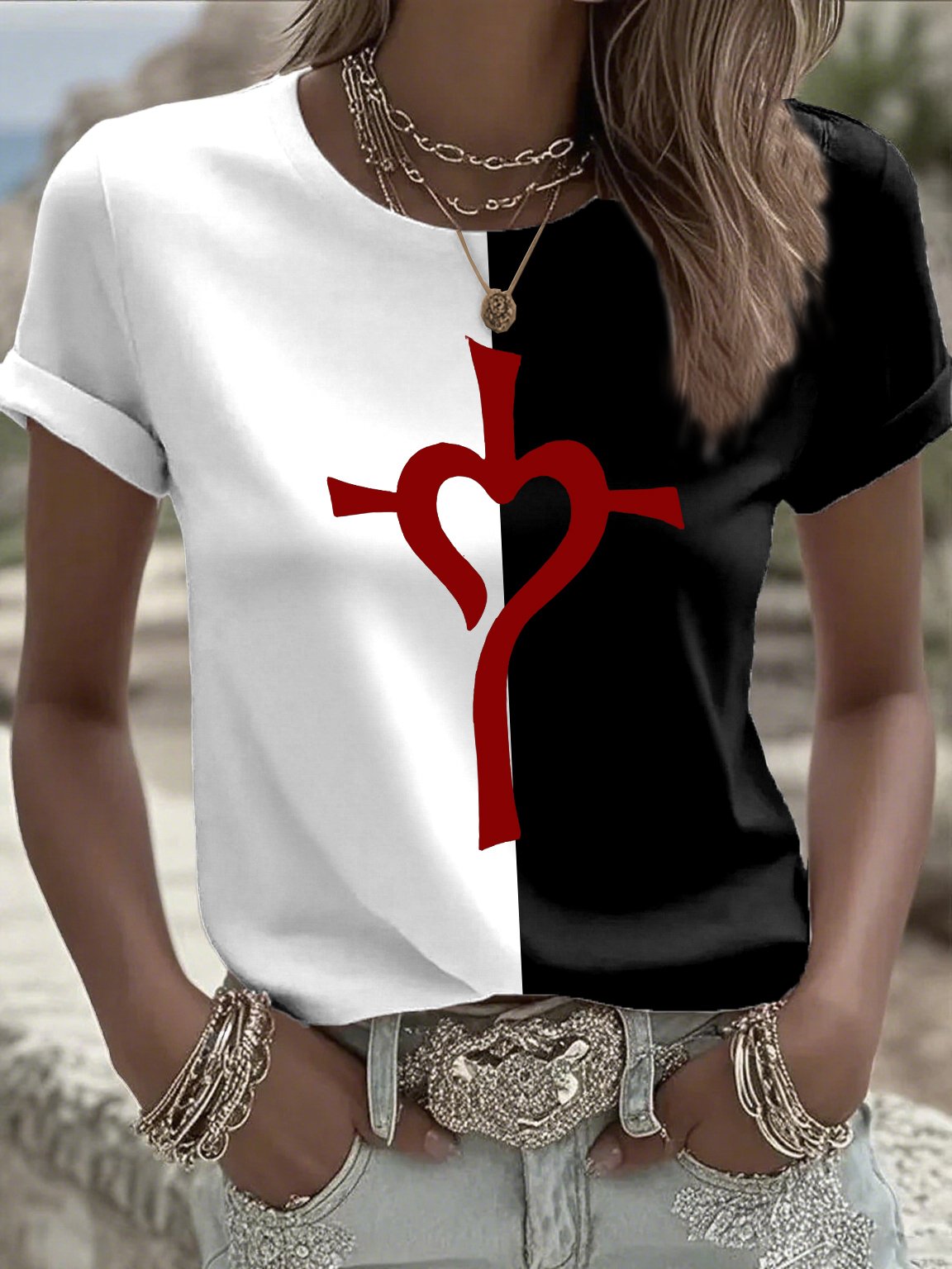 Women's casual retro faith contrast color T-shirt