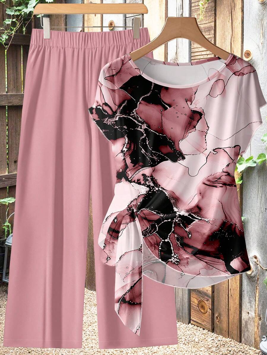 Women's Aqua Blue Summer Casual Vacation Holiday 2 Pieces Set,Abstract Floral Pattern Shirt With Tie Bow & Loose Straight Leg Pants,Vintage Style