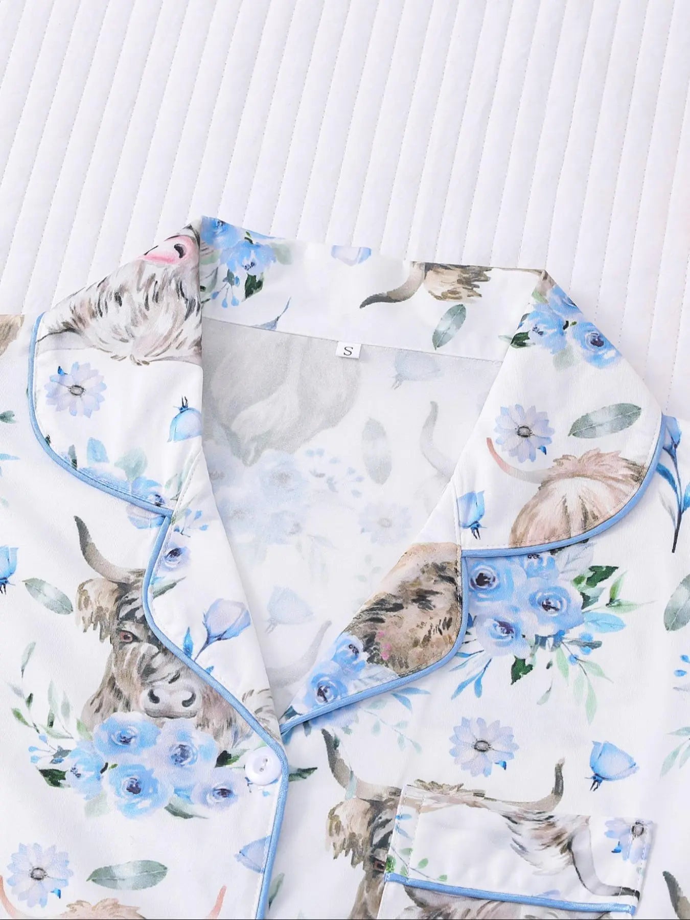 Women's All-Over Cow-Print Contrast-Trim Shirt & Elastic-Waist Shorts Pajama Loungewear Set, Casual Comfy Short Sleeve Collared Top & Shorts PJ Two-Piece Set