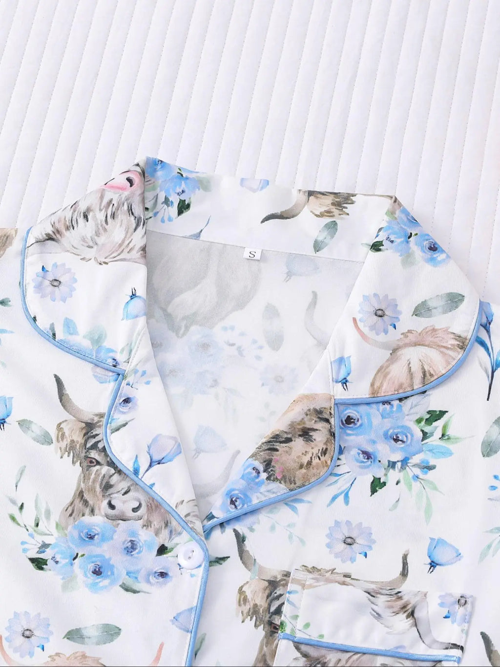 Women's All-Over Cow-Print Contrast-Trim Shirt & Elastic-Waist Shorts Pajama Loungewear Set
