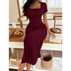 Women's Casual Solid Color Jacquard Gathered Ruffle Trim Square Neck Maxi Loungewear Dress Brown Dress Lounge Dress Summer Dress Tie Front Dress Midi Dress