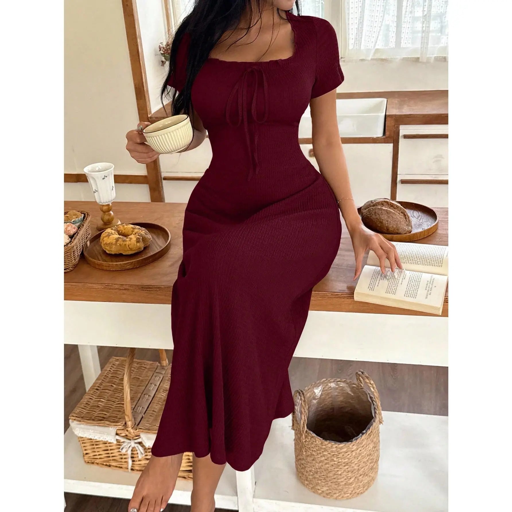 Women's Casual Solid Color Jacquard Gathered Ruffle Trim Square Neck Maxi Loungewear Dress Brown Dress Lounge Dress Summer Dress Tie Front Dress Midi Dress