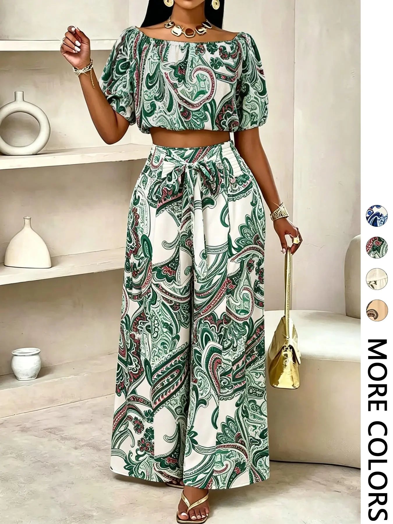 Women's Summer Paisley Print Vintage Vacation Two-Piece Set, Off-Shoulder Bubble Sleeve Crop Top + High Waist Drawstring Wide Leg Pants
