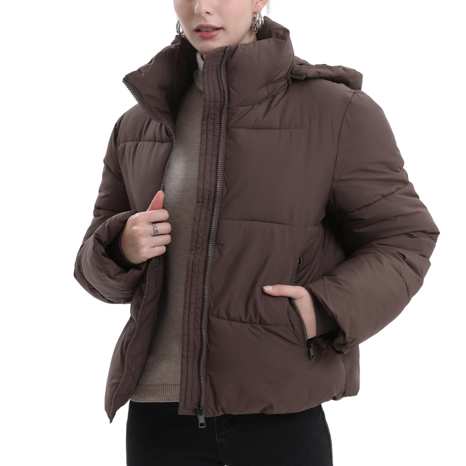 Warm Core Premium Short Puffer Jackets with Removable Hood & Optional Faux Fur Linging, Lady Casual Outerwear Longsleeves Zip Pockets Warm Quilted Coat