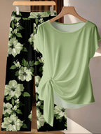 Women's Shirt With Tie Bow & Vintage Black Floral Leaf Print,Loose Straight Leg Pants 2-Piece Set,Summer Boho Casual Lounge Beach Vacation Outfits