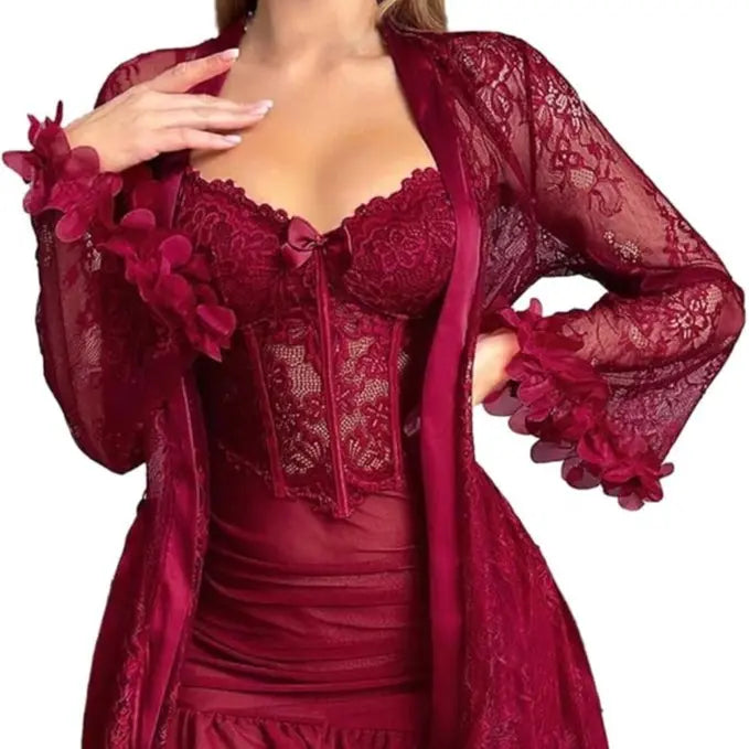 RRJ 2pcs/Set Fishbone Waistline Design Lace Cami Nightgown And Wide Sleeve Floral Lace Trim Mesh Robe lingerie women