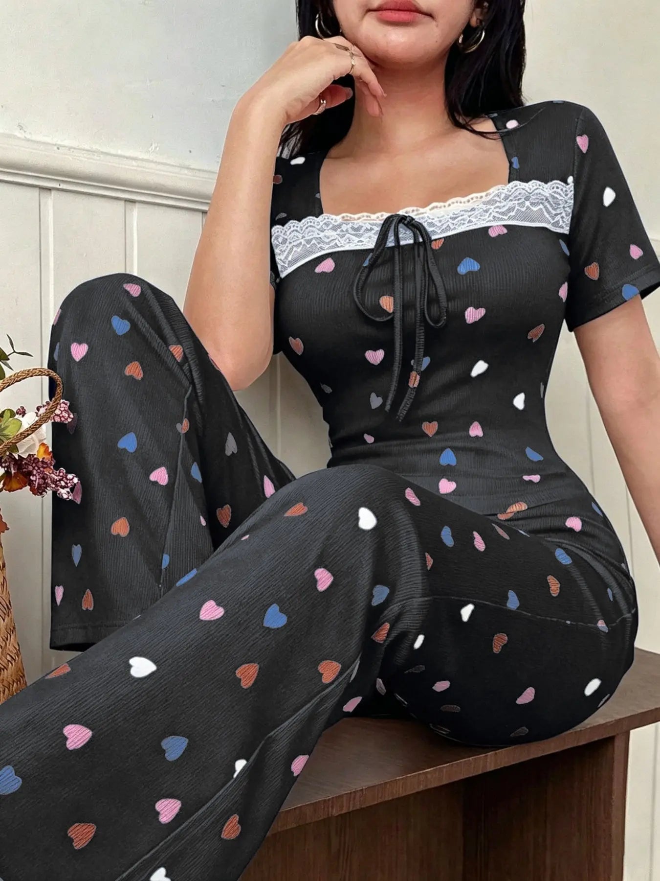 Women's Heart Print Short Sleeve Sleepwear Set, Breathable Fabric, Soft and Comfortable, Indoor Outdoor Wear, Casual Home Clothes Two-Piece Pajama Set Loungewear