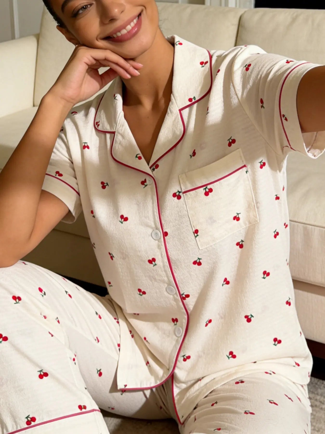 Women's Short Sleeve Long Pants Cardigan Pajama Set