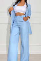 Solid Color Long Sleeve Blazer Wide Leg Pants Matching Set-Pink