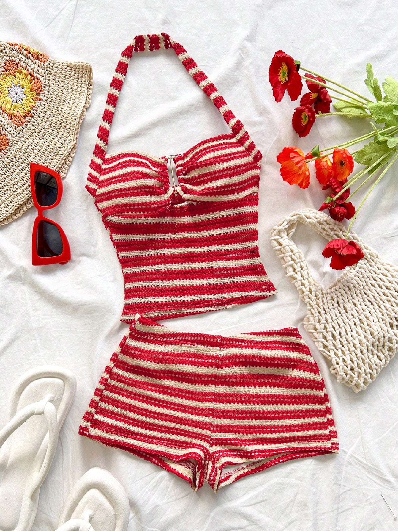 Soleia Women's Vacation Striped Halter Top And Shorts Casual 2 Pieces Set