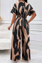 Abstract Print V Neck Short Sleeve High Waist Wide Leg Jumpsuit-Black