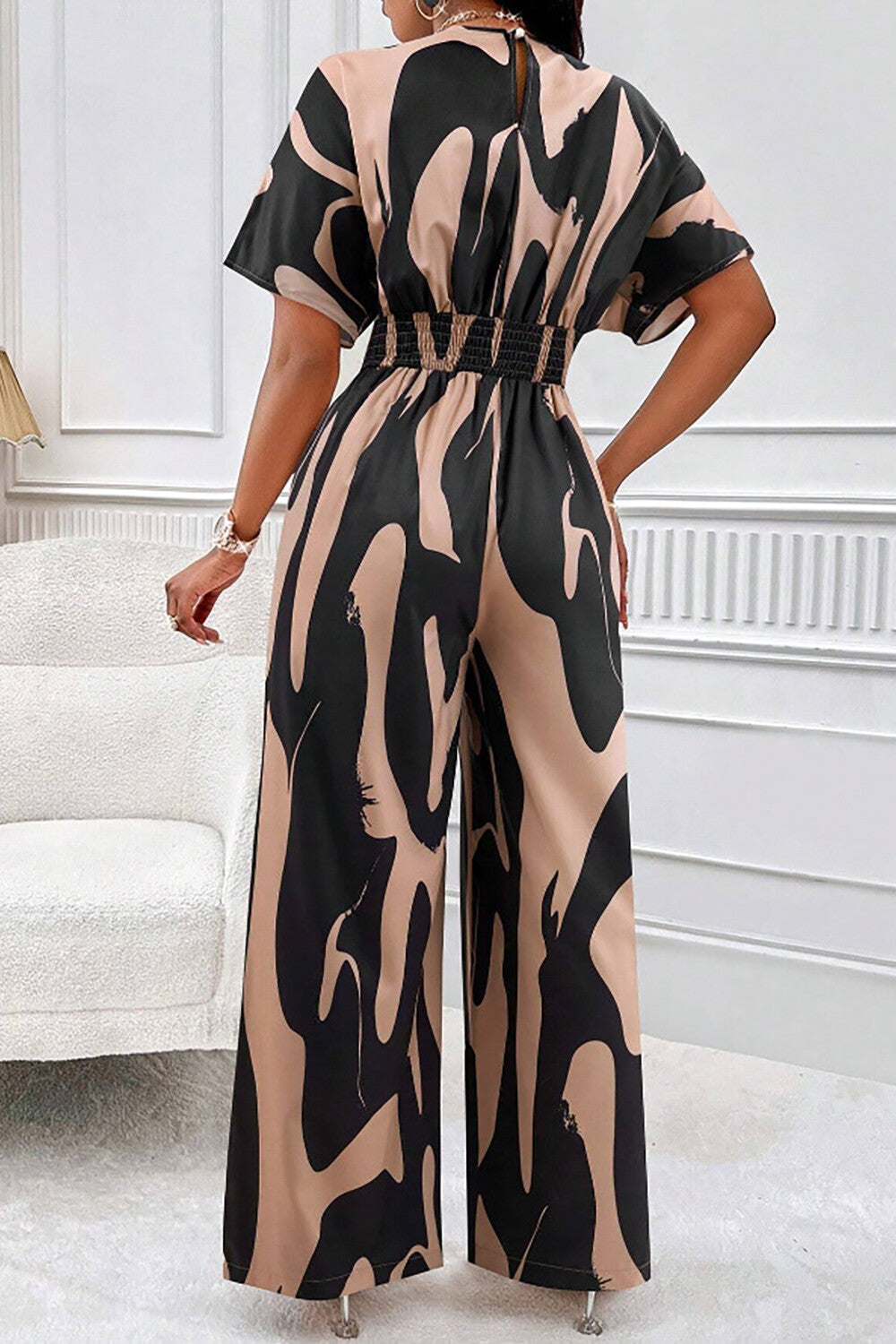 Abstract Print V Neck Short Sleeve High Waist Wide Leg Jumpsuit-Black